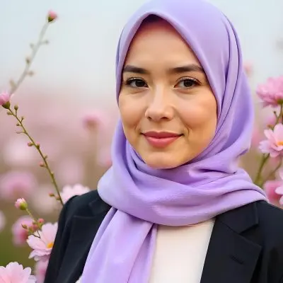 An Asian Woman With Black Eyes 24 Years Old Wearing A Lilac Hijab And A Black Suit Flowers Background 33 9957