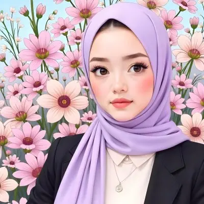 An Asian Woman With Black Eyes 24 Years Old Wearing A Lilac Hijab And A Black Suit Flowers Background 35 F5e1