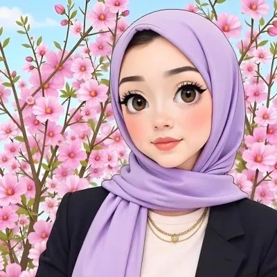 An Asian Woman With Black Eyes 24 Years Old Wearing A Lilac Hijab And A Black Suit Flowers Background 37 Cde6