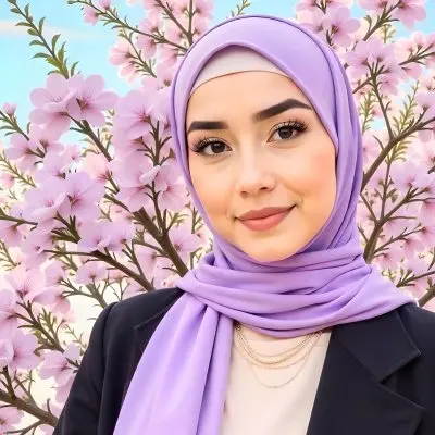 An Asian Woman With Black Eyes 24 Years Old Wearing A Lilac Hijab And A Black Suit Flowers Background 39 64df
