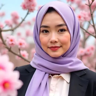 An Asian Woman With Black Eyes 24 Years Old Wearing A Lilac Hijab And A Black Suit Flowers Background 40 3bdb