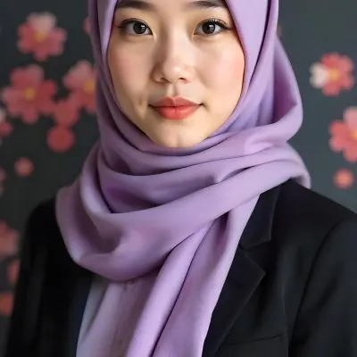 An Asian Woman With Black Eyes 24 Years Old Wearing A Lilac Hijab And A Black Suit Flowers Background 5 9929