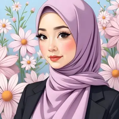 An Asian Woman With Black Eyes 24 Years Old Wearing A Lilac Hijab And A Black Suit Flowers Background 9 0efc