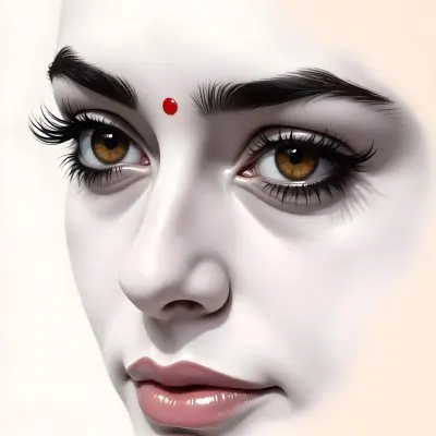 An Indian Woman 23 Years Old Light Skin Brown Eyes White Hair Red Bindi Brown Lips In A Black Background 10 D941