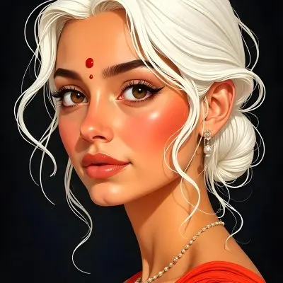 An Indian Woman 23 Years Old Light Skin Brown Eyes White Hair Red Bindi Brown Lips In A Black Background 24 F4c3
