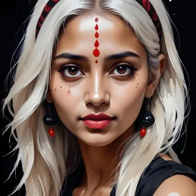 An Indian Woman 23 Years Old Light Skin Brown Eyes White Hair Red Bindi Brown Lips In A Black Background 41 25fd