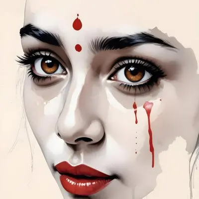 An Indian Woman 23 Years Old Light Skin Brown Eyes White Hair Red Bindi Brown Lips In A Black Background 42 B16c
