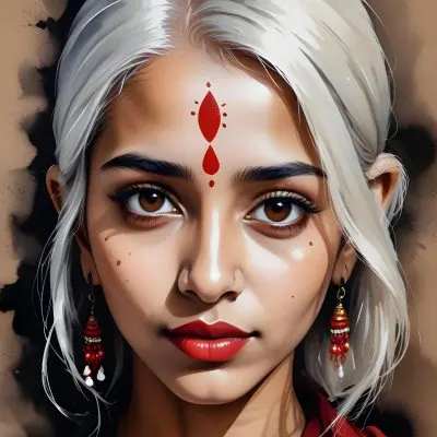 An Indian Woman 23 Years Old Light Skin Brown Eyes White Hair Red Bindi Brown Lips In A Black Background 48 A519