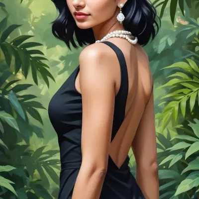 An Indian Woman 25 Years Old Black Hair Wearing A Black Dress And A Pearl Necklace In A Garden With Green Leaves In The Background 38 F0f8