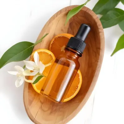 An Orange Bottle Of Essential Oil Surrounded By Fresh Green Leaves And Orange Citrus Fruits On A Wooden Surface 16 Fe13