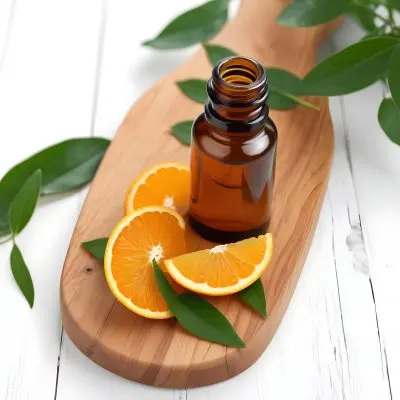 An Orange Bottle Of Essential Oil Surrounded By Fresh Green Leaves And Orange Citrus Fruits On A Wooden Surface 6 08e1