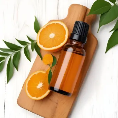 An Orange Bottle Of Essential Oil Surrounded By Fresh Green Leaves And Orange Citrus Fruits On A Wooden Surface 7 4163