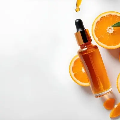 An Orange Bottle Of Facial Oil Serum With A Dropper Surrounded By Sliced Oranges On A White Background 22 Aeaf