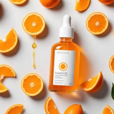 An Orange Bottle Of Facial Oil Serum With A Dropper Surrounded By Sliced Oranges On A White Background 23 778b
