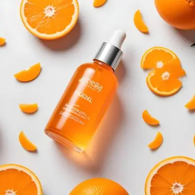An Orange Bottle Of Facial Oil Serum With A Dropper Surrounded By Sliced Oranges On A White Background 28 745e