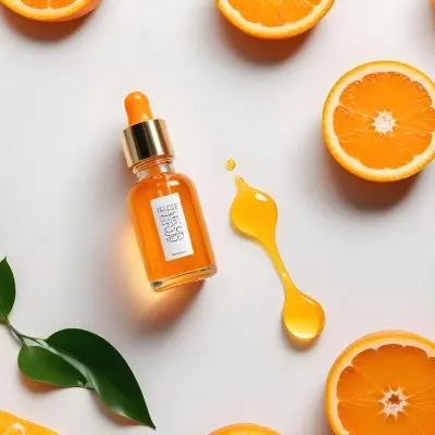 An Orange Bottle Of Facial Oil Serum With A Dropper Surrounded By Sliced Oranges On A White Background 31 50a0