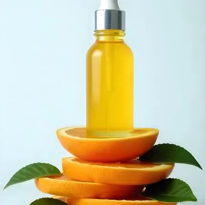 An Orange Fruit With Sliced Segments Green Leaves And A Bottle Of Yellow Liquid On A Light Blue Background 4 1a63
