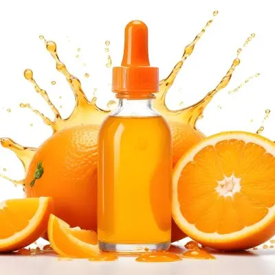 An Orange Glass Bottle With A Dropper Surrounded By Sliced Oranges And Orange Liquid Droplets Against A White Background 18 F036