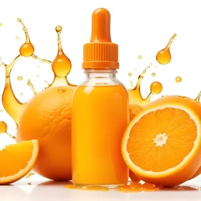 An Orange Glass Bottle With A Dropper Surrounded By Sliced Oranges And Orange Liquid Droplets Against A White Background 21 F870