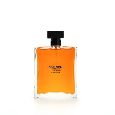 An Orange Perfume Bottle With White Cap And The Words For Men In A Black Background 8 34d8
