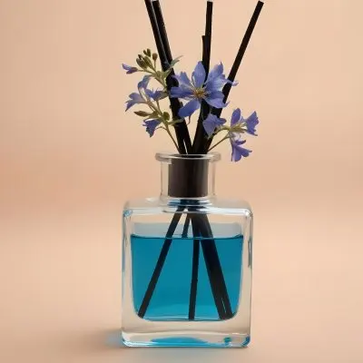 Aromatic Essence In A Glass Container With Black Sticks And Blue Flowers On A Beige Background 12 91ba