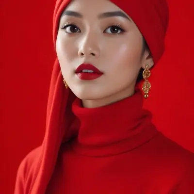 Asian Woman 23 Years Old Red Lipstick Red Turban Red Turtleneck Sweater Gold Earrings Studio Lighting Red Background Fashion Photography Symmetrical Face High Resolution 1 5b4d