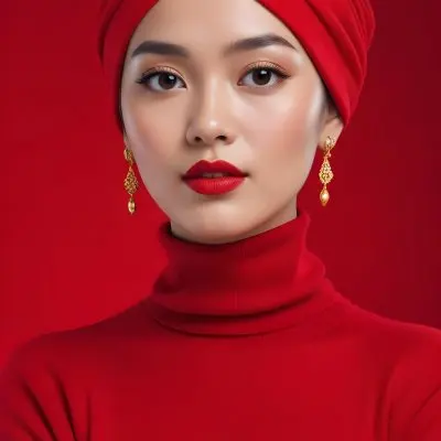 Asian Woman 23 Years Old Red Lipstick Red Turban Red Turtleneck Sweater Gold Earrings Studio Lighting Red Background Fashion Photography Symmetrical Face High Resolution 12 84cd