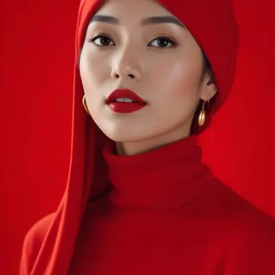 Asian Woman 23 Years Old Red Lipstick Red Turban Red Turtleneck Sweater Gold Earrings Studio Lighting Red Background Fashion Photography Symmetrical Face High Resolution 13 F355