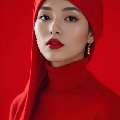 Asian Woman 23 Years Old Red Lipstick Red Turban Red Turtleneck Sweater Gold Earrings Studio Lighting Red Background Fashion Photography Symmetrical Face High Resolution 15 3537