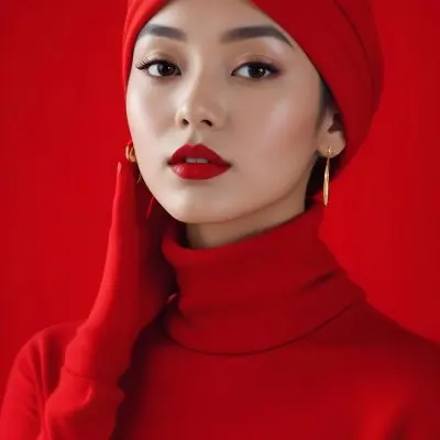 Asian Woman 23 Years Old Red Lipstick Red Turban Red Turtleneck Sweater Gold Earrings Studio Lighting Red Background Fashion Photography Symmetrical Face High Resolution 16 B1a9