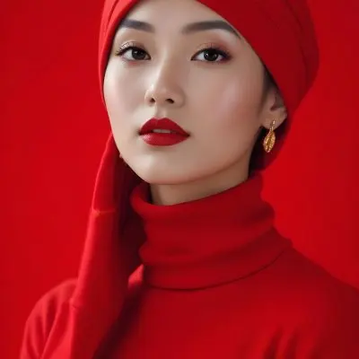 Asian Woman 23 Years Old Red Lipstick Red Turban Red Turtleneck Sweater Gold Earrings Studio Lighting Red Background Fashion Photography Symmetrical Face High Resolution 19 F828