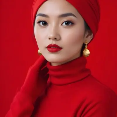 Asian Woman 23 Years Old Red Lipstick Red Turban Red Turtleneck Sweater Gold Earrings Studio Lighting Red Background Fashion Photography Symmetrical Face High Resolution 22 A648