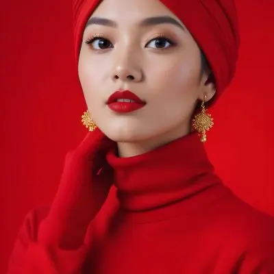Asian Woman 23 Years Old Red Lipstick Red Turban Red Turtleneck Sweater Gold Earrings Studio Lighting Red Background Fashion Photography Symmetrical Face High Resolution 24 A8b4