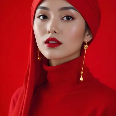 Asian Woman 23 Years Old Red Lipstick Red Turban Red Turtleneck Sweater Gold Earrings Studio Lighting Red Background Fashion Photography Symmetrical Face High Resolution 28 1eab