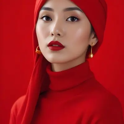 Asian Woman 23 Years Old Red Lipstick Red Turban Red Turtleneck Sweater Gold Earrings Studio Lighting Red Background Fashion Photography Symmetrical Face High Resolution 31 3be4