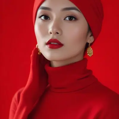 Asian Woman 23 Years Old Red Lipstick Red Turban Red Turtleneck Sweater Gold Earrings Studio Lighting Red Background Fashion Photography Symmetrical Face High Resolution 32 69e2