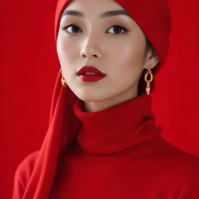 Asian Woman 23 Years Old Red Lipstick Red Turban Red Turtleneck Sweater Gold Earrings Studio Lighting Red Background Fashion Photography Symmetrical Face High Resolution 47e8