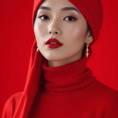 Asian Woman 23 Years Old Red Lipstick Red Turban Red Turtleneck Sweater Gold Earrings Studio Lighting Red Background Fashion Photography Symmetrical Face High Resolution 6 9c45