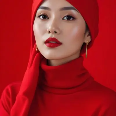 Asian Woman 23 Years Old Red Lipstick Red Turban Red Turtleneck Sweater Gold Earrings Studio Lighting Red Background Fashion Photography Symmetrical Face High Resolution 7 D5a9