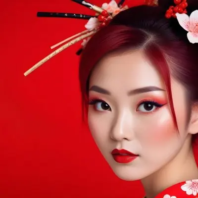 Asian Woman 25 Years Old Red Hair With A Geisha Hairstyle Red Makeup Red Background 32 285e