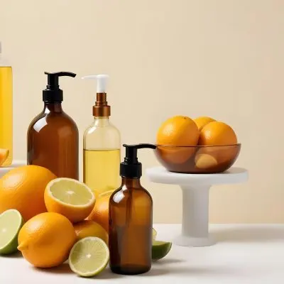 Assorted Citrus Fruits Including Lemons Limes And Oranges Along With Two Amber Glass Bottles With Pump Dispensers Likely Containing Skincare Or Beauty Products 12
