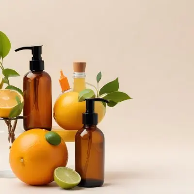 Assorted Citrus Fruits Including Lemons Limes And Oranges Along With Two Amber Glass Bottles With Pump Dispensers Likely Containing Skincare Or Beauty Products 23