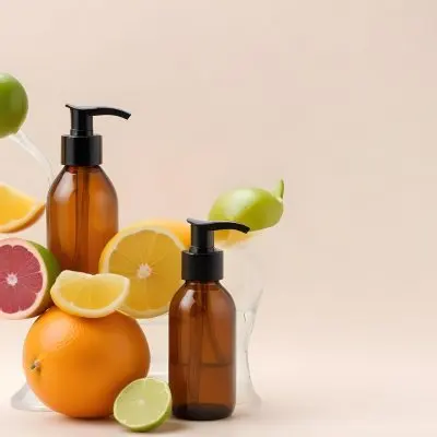 Assorted Citrus Fruits Including Lemons Limes And Oranges Along With Two Amber Glass Bottles With Pump Dispensers Likely Containing Skincare Or Beauty Products 30 7b7c