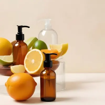 Assorted Citrus Fruits Including Lemons Limes And Oranges Along With Two Amber Glass Bottles With Pump Dispensers Likely Containing Skincare Or Beauty Products 33