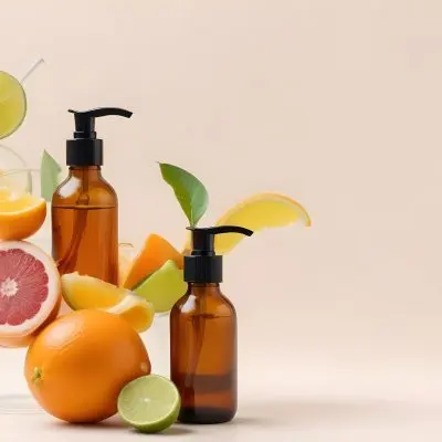 Assorted Citrus Fruits Including Lemons Limes And Oranges Along With Two Amber Glass Bottles With Pump Dispensers Likely Containing Skincare Or Beauty Products 34