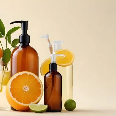 Assorted Citrus Fruits Including Lemons Limes And Oranges Along With Two Amber Glass Bottles With Pump Dispensers Likely Containing Skincare Or Beauty Products 8