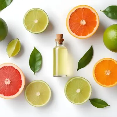 Assorted Citrus Fruits Including Limes Lemons Oranges And Grapefruits Along With A Bottle Of Essential Oil Arranged On A White Background 12 7ec3
