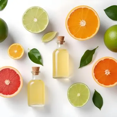 Assorted Citrus Fruits Including Limes Lemons Oranges And Grapefruits Along With A Bottle Of Essential Oil Arranged On A White Background 13 9268
