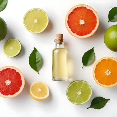 Assorted Citrus Fruits Including Limes Lemons Oranges And Grapefruits Along With A Bottle Of Essential Oil Arranged On A White Background 16 03e1