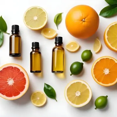 Assorted Citrus Fruits Including Limes Lemons Oranges And Grapefruits Along With A Bottle Of Essential Oil Arranged On A White Background 17 9ab5